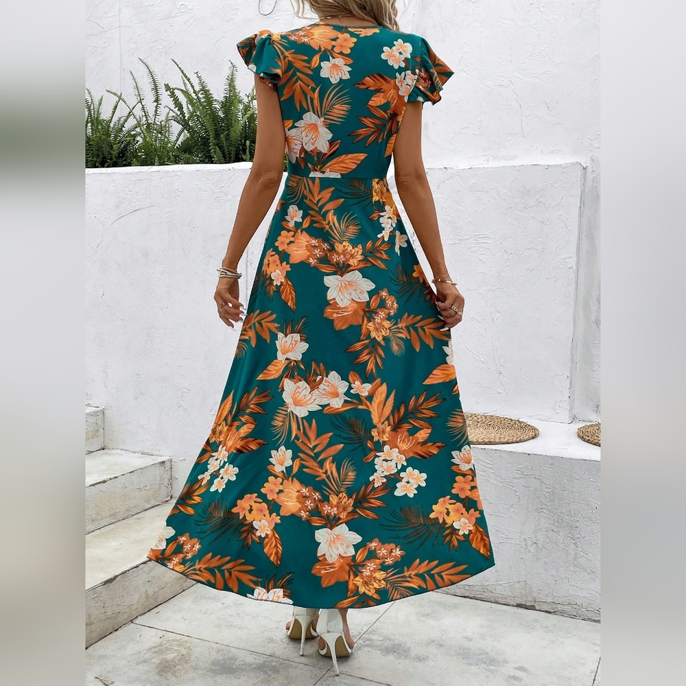 Tropical Print Butterfly Sleeve High Low Hem Dress - Picture 4 of 5